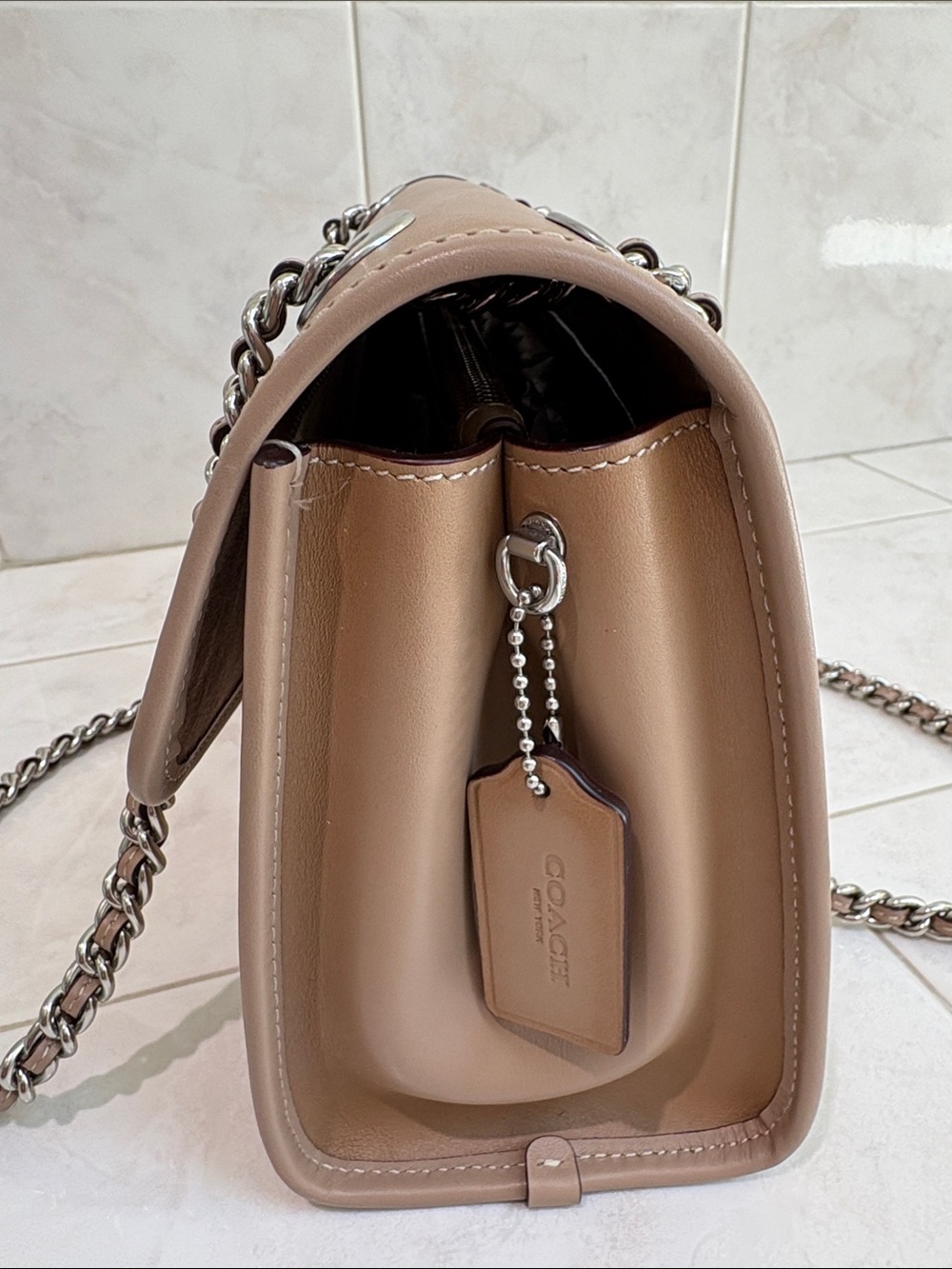 Coach Parker Shoulder Bag in Signature Logo, Calf Leather, and Silver Chain - Picture 6 of 13